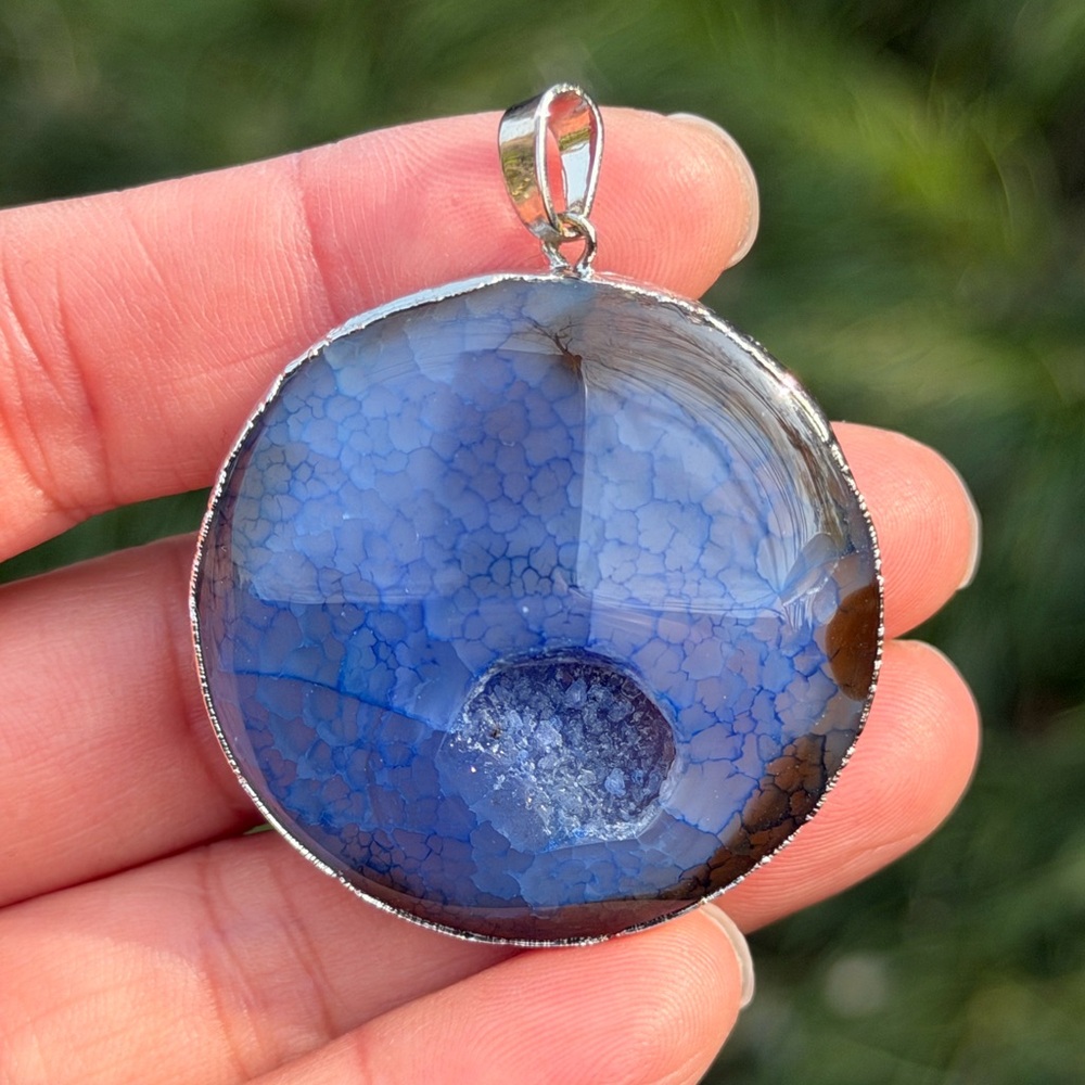 925 silver plated druzy blue agate pendant